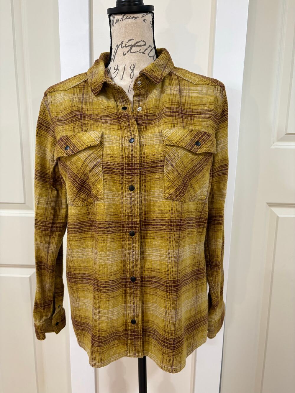 Mountain Khakis Mustard Yellow & Rust Brown Plaid Flannel Snap Shirt